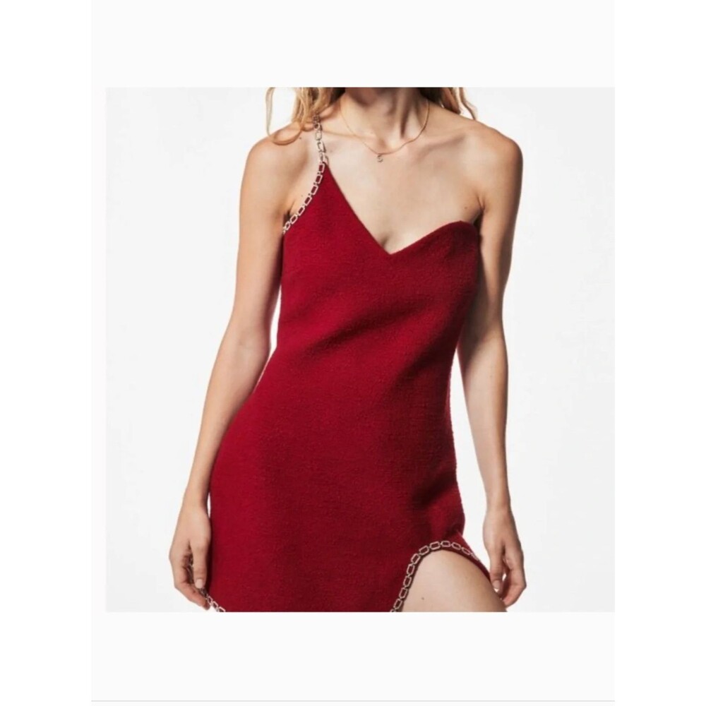 Zara Tweed NWT Crystal Chain Asymmetric Mini Red Dress Sz Medium Cocktail Dress